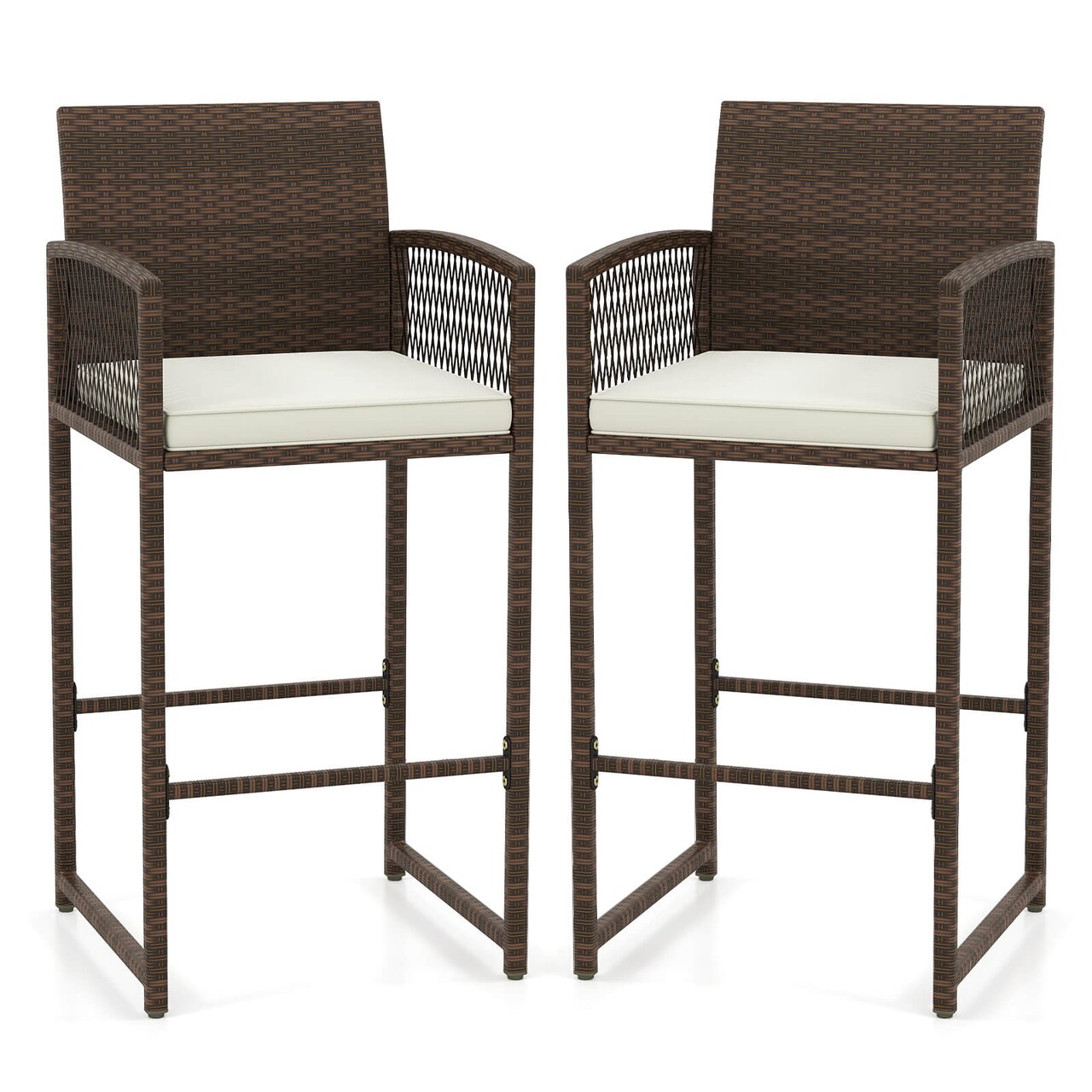 Costway Patio Bar Stools Set of 2/4 PE Rattan Bar Height Chairs with Backrests & Armrests